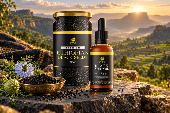 Ethiopian whole black seeds and cold-pressed black seed oil compared