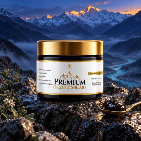 Premium Gilgit shilajit resin 50g in a cinematic mountain setting