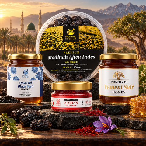 Sunnah food gift selection with Ajwa dates, Sidr honey, black seed honey and saffron