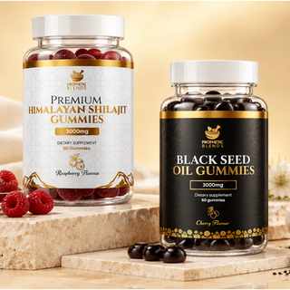 Prophetic Blends Gummy Wellness Duo with Shilajit raspberry gummies and Black Seed Oil cherry gummies, 60 gummies per bottle