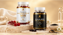Load image into Gallery viewer, Prophetic Blends Gummy Wellness Duo with Shilajit raspberry gummies and Black Seed Oil cherry gummies, 60 gummies per bottle
