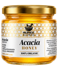 Load image into Gallery viewer, Prophetic Blends organic Hungarian Acacia honey 250g jar, raw and unpasteurised