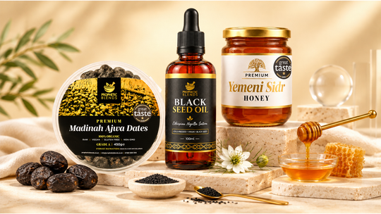 Prophetic Blends Sunnah Essentials Bundle with Ajwa dates 450g, Ethiopian black seed oil 100ml and Yemeni Sidr honey