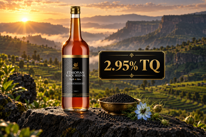 Ethiopian black seed oil with 2.95% thymoquinone displayed clearly