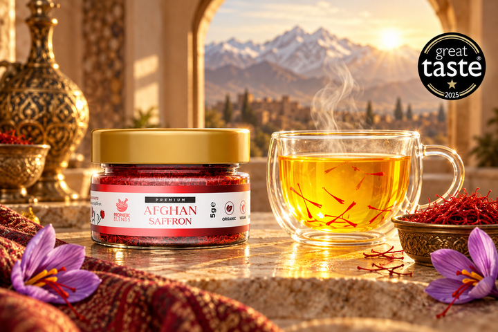 Afghan Super Negin saffron beside a golden saffron infusion