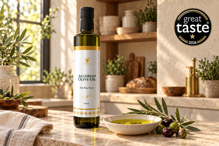 Algerian extra virgin olive oil stored in a premium dark kitchen pantry