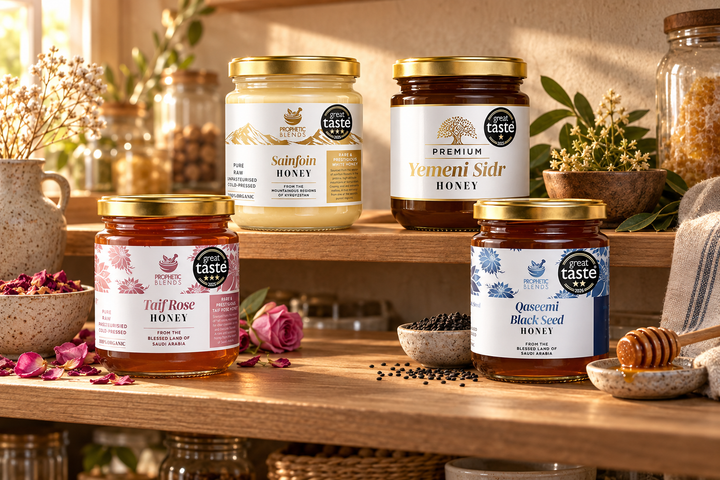 Prophetic Blends premium honey jars stored in a cool dark pantry
