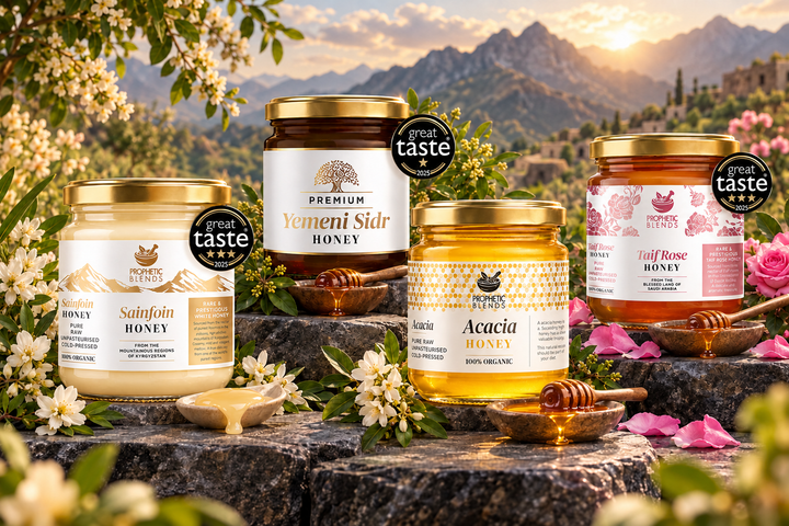 Premium honey tasting collection with Sidr, Sainfoin, Acacia and Ta'if Rose honey