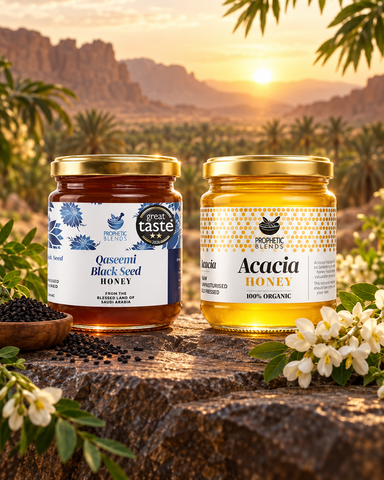 Qaseemi black seed honey and organic Acacia honey comparison