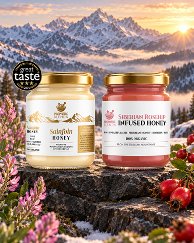 Siberian rosehip infused honey and white Sainfoin monofloral honey
