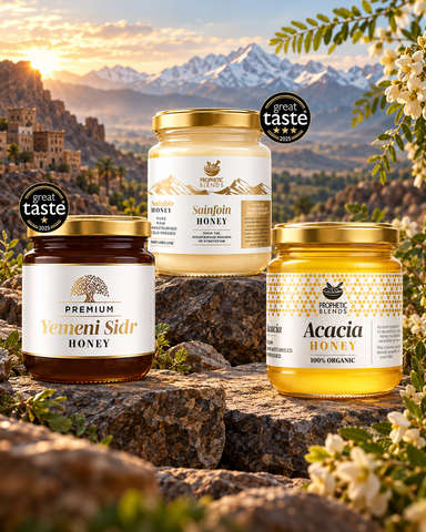 Yemeni Sidr, white Sainfoin and organic Acacia honey comparison by Prophetic Blends