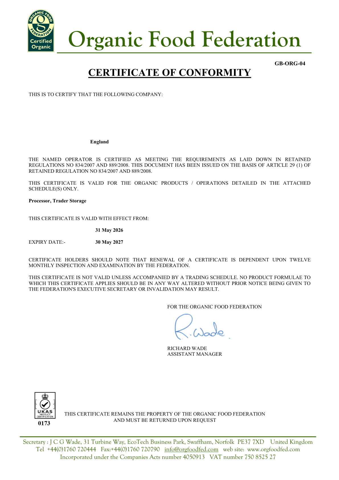 Organic Food Federation Certificate of Conformity supporting Prophetic Blends Acacia Honey - supplier details redacted