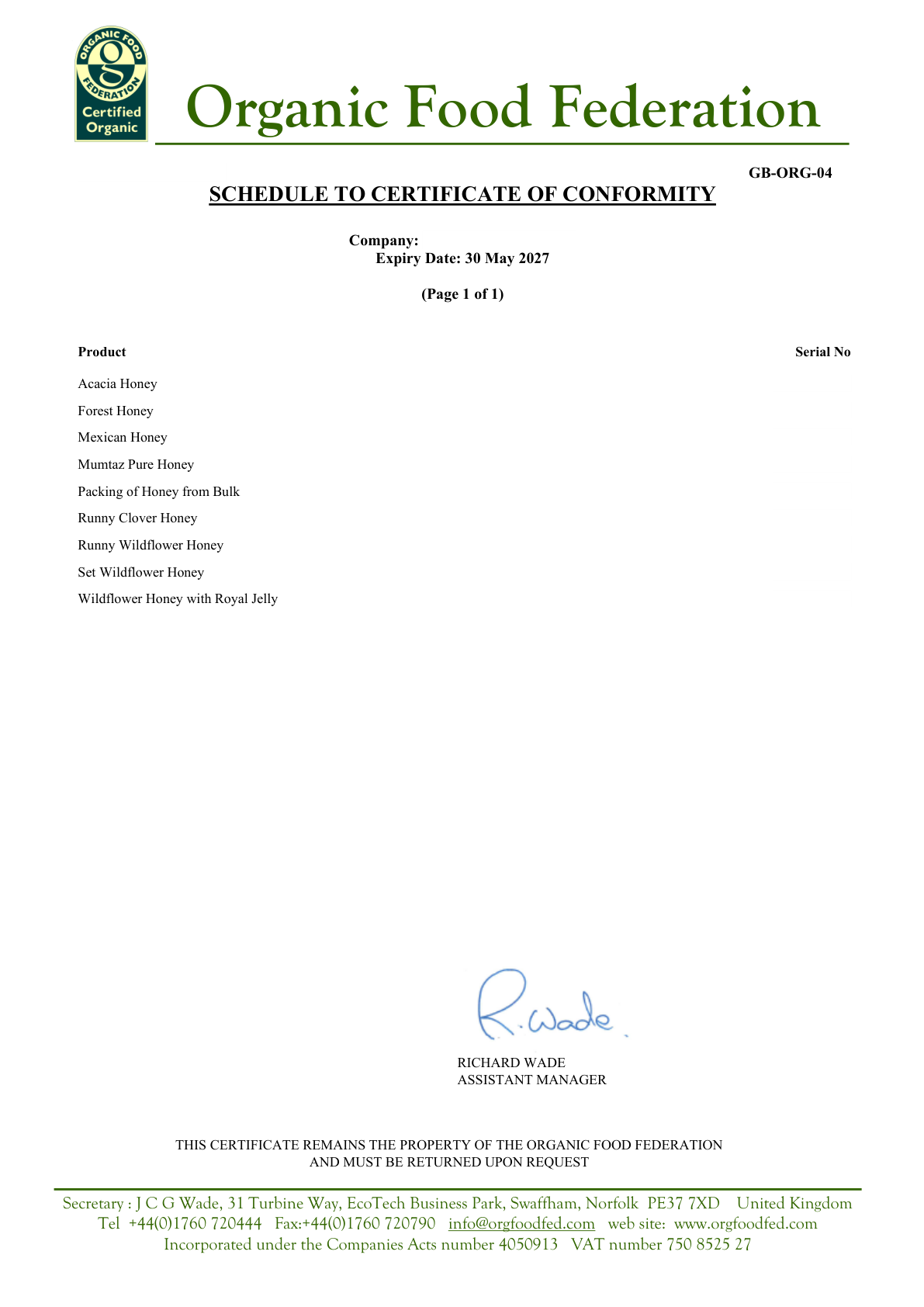 Organic Food Federation schedule listing Acacia Honey - supplier details and identifying numbers redacted