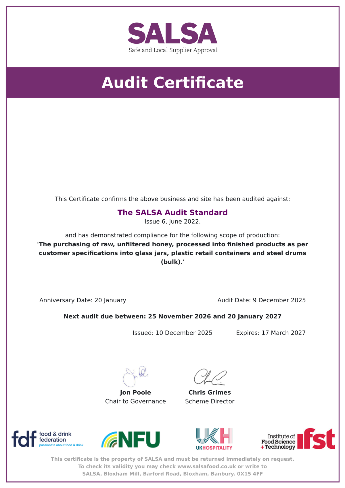 SALSA Audit Certificate for honey processing and packing - supplier details and identifying numbers redacted
