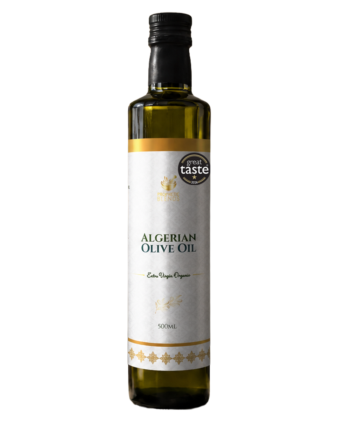 Prophetic Blends Algerian extra virgin olive oil 500ml bottle with Great Taste 2026 one-star award logo