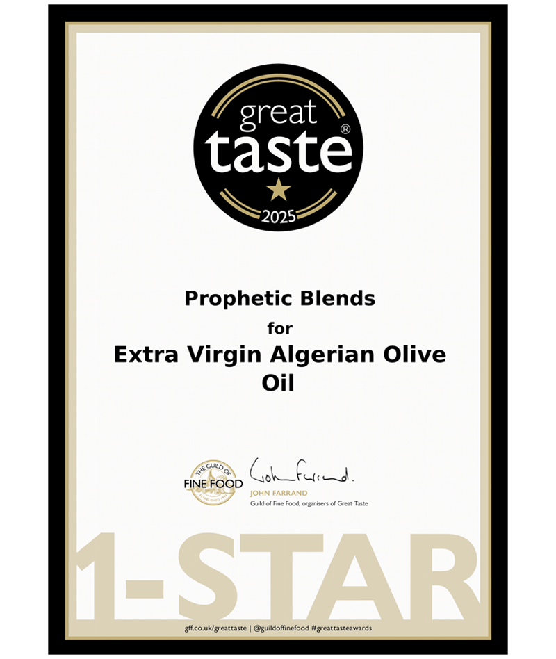 Prophetic Blends Algerian Extra Virgin Olive Oil Great Taste 2025 1-Star certificate