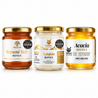 Honey Discovery Trio: three 140g jars of Yemeni Sidr, White Sainfoin and Hungarian Acacia honey