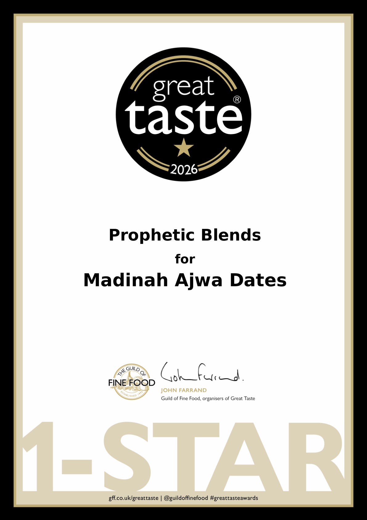 Prophetic Blends Madinah Ajwa Dates Great Taste 2026 1-Star certificate
