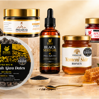 Premium Prophetic Blends Bundle with Ajwa dates 900g, Yemeni Sidr honey, Ethiopian black seed oil, shilajit resin and Afghan saffron