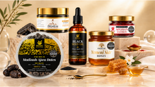 Load image into Gallery viewer, Premium Prophetic Blends Bundle with Ajwa dates 900g, Yemeni Sidr honey, Ethiopian black seed oil, shilajit resin and Afghan saffron
