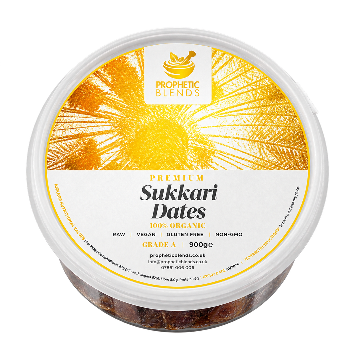 Prophetic Blends premium Sukkari Mufattal dates 900g tub, Grade A Saudi dates