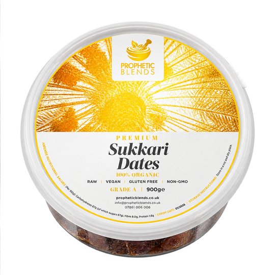 Prophetic Blends premium Sukkari Mufattal dates 900g tub, Grade A Saudi dates