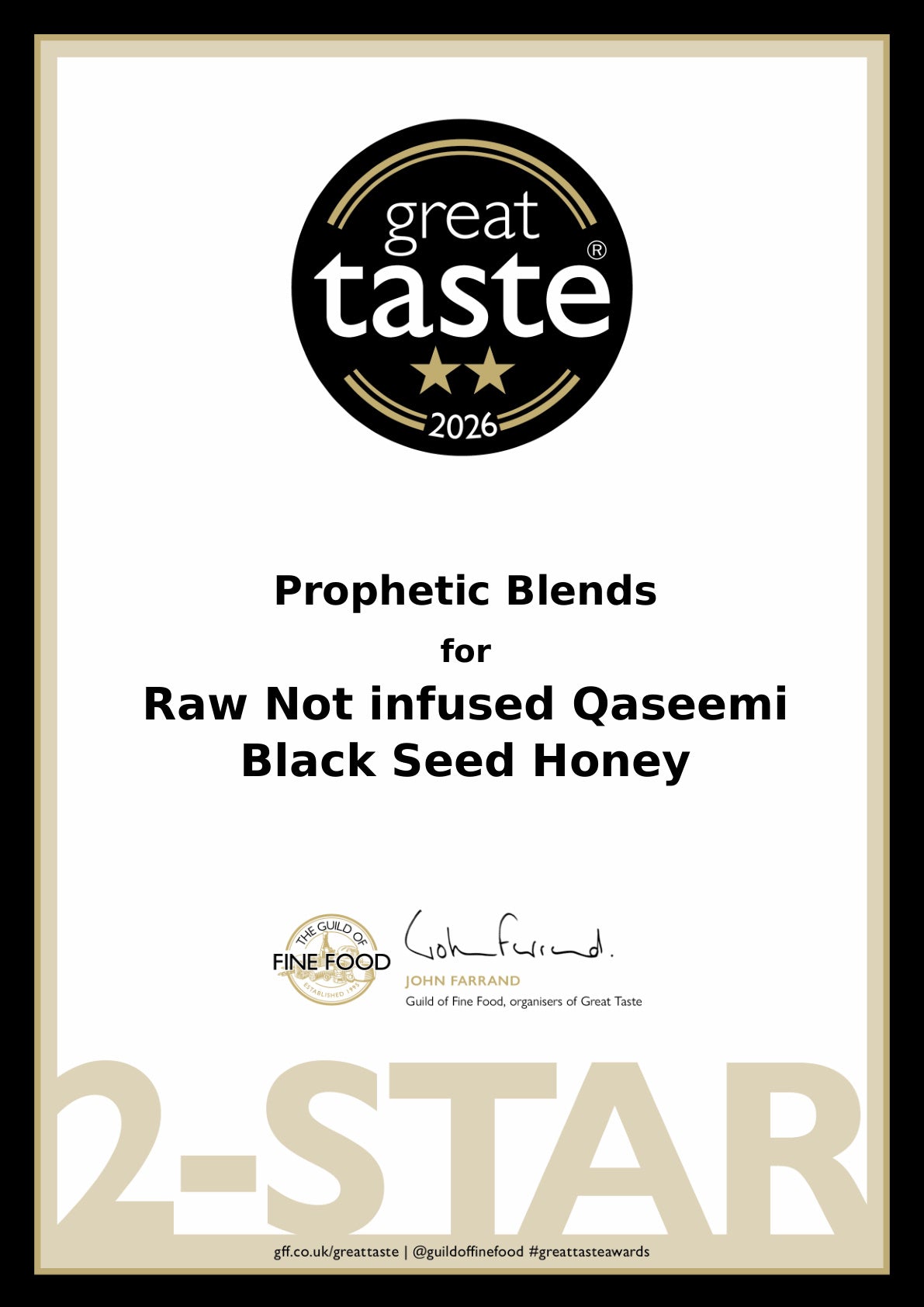 Prophetic Blends Qaseemi Black Seed Honey Great Taste 2026 2-Star certificate