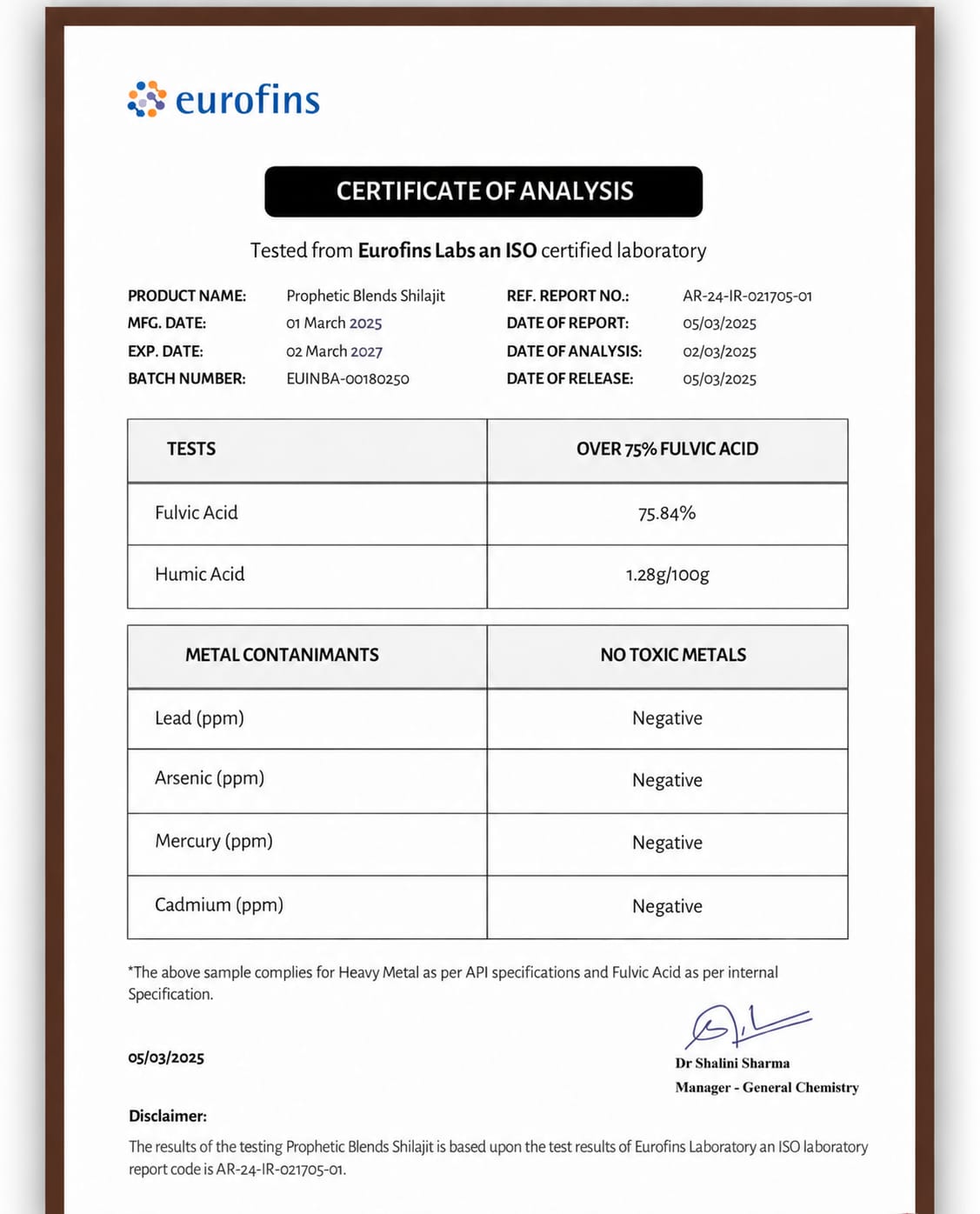 Prophetic Blends Shilajit certificate of analysis, report AR-24-IR-021705-01 dated 5 March 2025