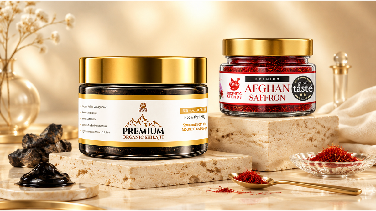 Prophetic Blends Shilajit and Afghan Saffron Duo with a 30g shilajit resin jar and Afghan saffron
