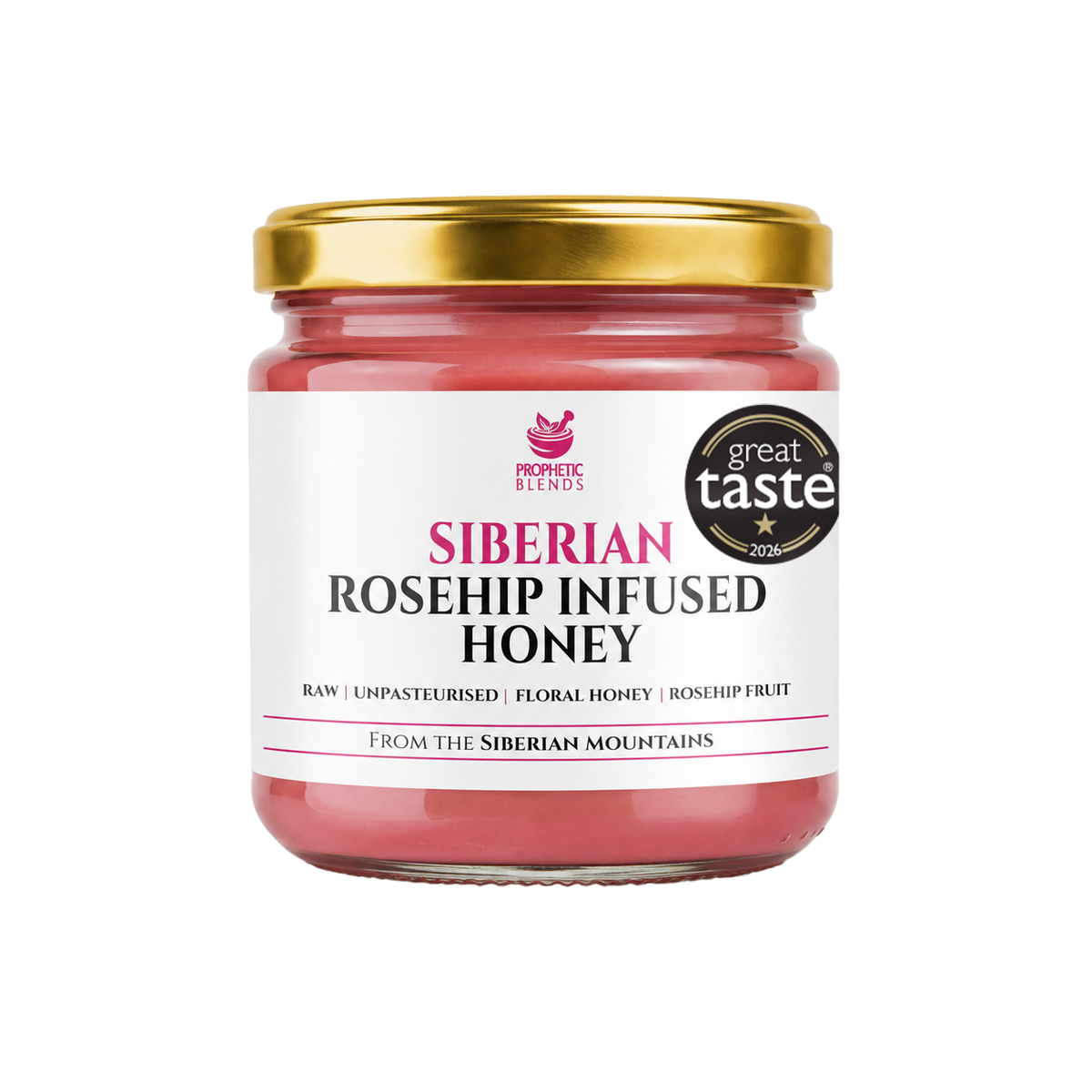 Prophetic Blends Siberian Rosehip Infused Honey 250g jar, Great Taste award winner