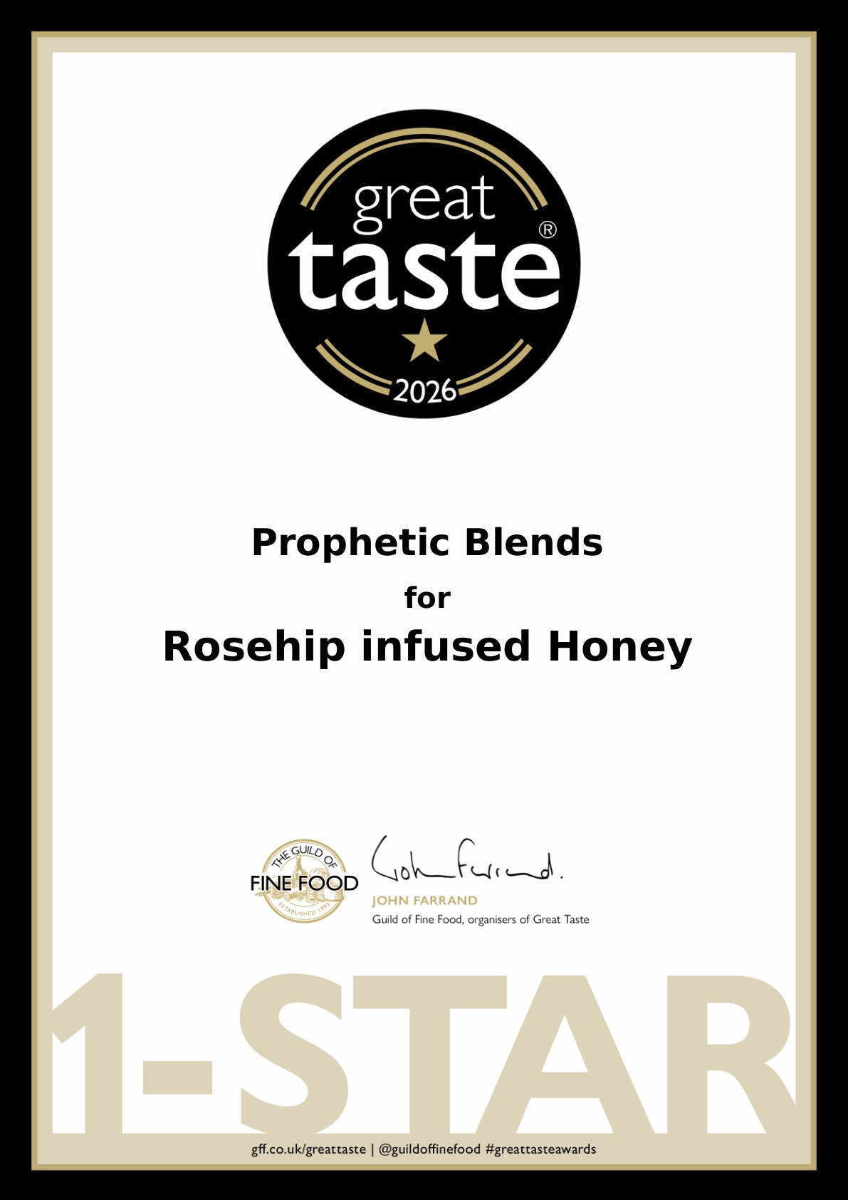 Prophetic Blends Siberian Rosehip Infused Honey Great Taste 2026 1-Star certificate