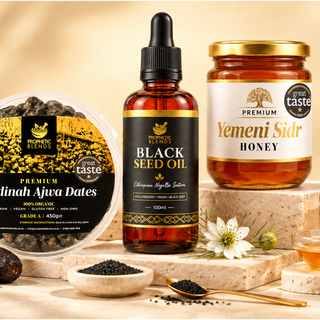 Prophetic Blends Sunnah Essentials Bundle with Ajwa dates 450g, Ethiopian black seed oil 100ml and Yemeni Sidr honey