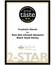 Load image into Gallery viewer, Great Taste Awards 2026 2-Star certificate for Prophetic Blends Qaseemi Black Seed Honey
